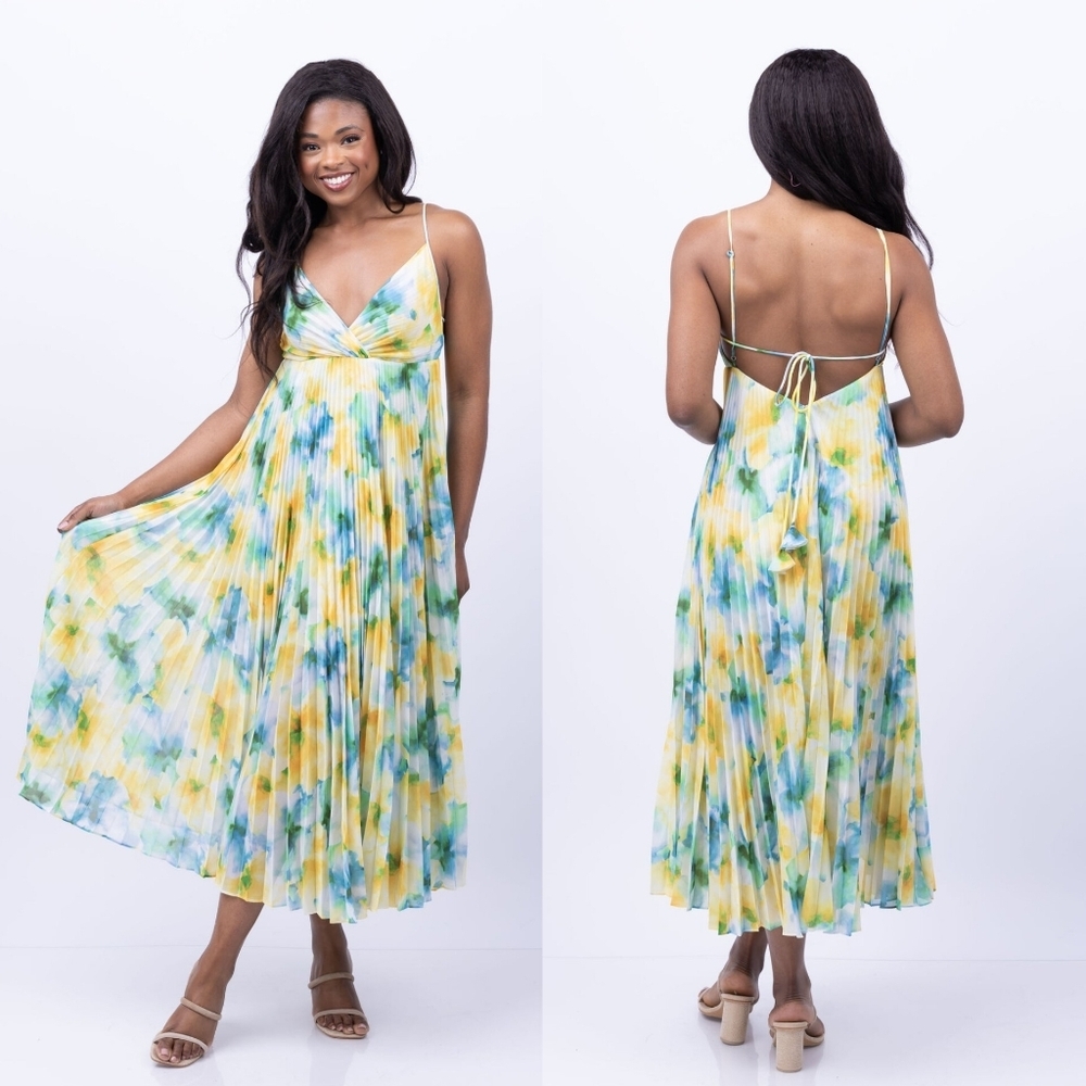 Misa Los Angeles Galeta Dress in Citron Water Color M Wedding Party Feminine